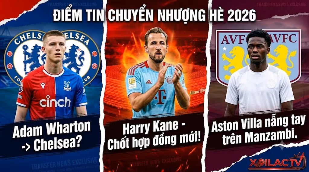 Điểm tin chuyển nhượng bóng đá châu Âu mùa hè 2026 với các thương vụ nổi bật của Adam Wharton, Harry Kane và Johan Manzambi trên kênh trực tiếp bóng đá Xoilac.