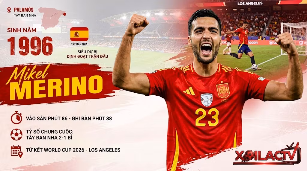 Hình ảnh tiền vệ Mikel Merino ăn mừng cảm xúc sau khi ghi bàn phút 88, ấn định chiến thắng Tây Ban Nha 2-1 Bỉ tại Tứ kết World Cup 2026 trên Xoilac TV.