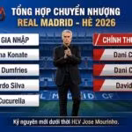 Bảng tổng hợp chi tiết tình hình chuyển nhượng tân binh và cầu thủ chia tay của Real Madrid mùa hè 2026 dưới thời HLV Jose Mourinho.